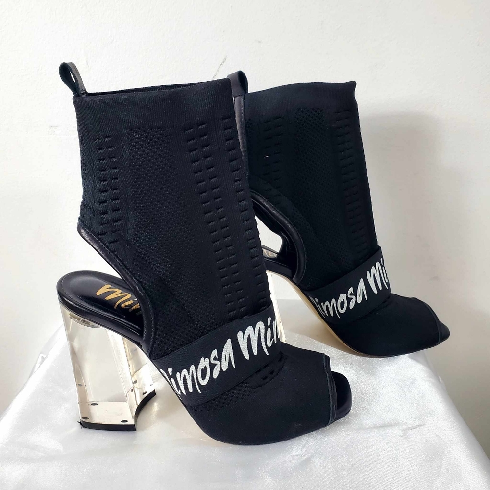 MIMOSA Black Mesh Peep Toe Sock Booties Clear Block Heels Size 38.5 EUR